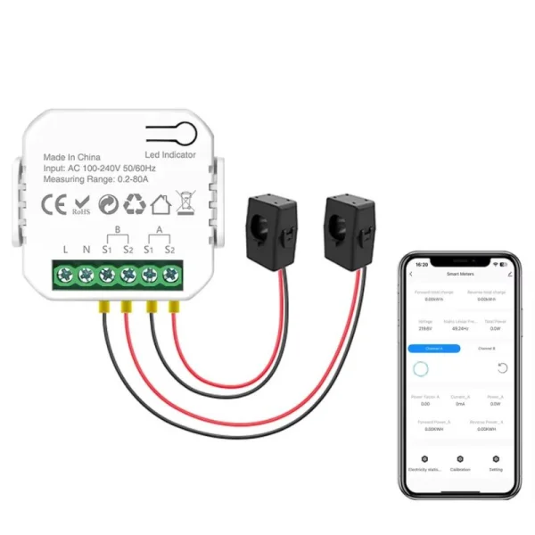 Công tơ điện tử Tuya Wifi 80A đo gián tiếp 2 kênh CT dòng